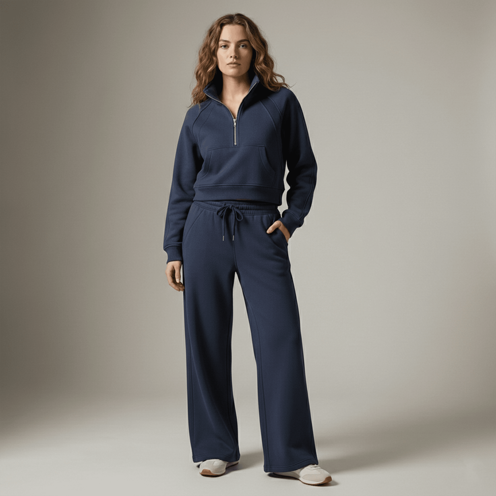 Woman wearing a navy tracksuit against a neutral background