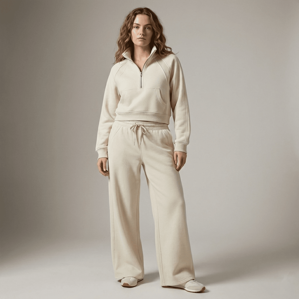 Woman wearing a beige tracksuit against a neutral background