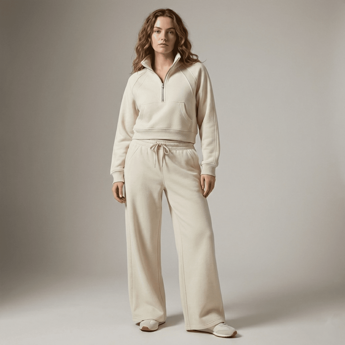 Woman wearing a beige tracksuit against a neutral background