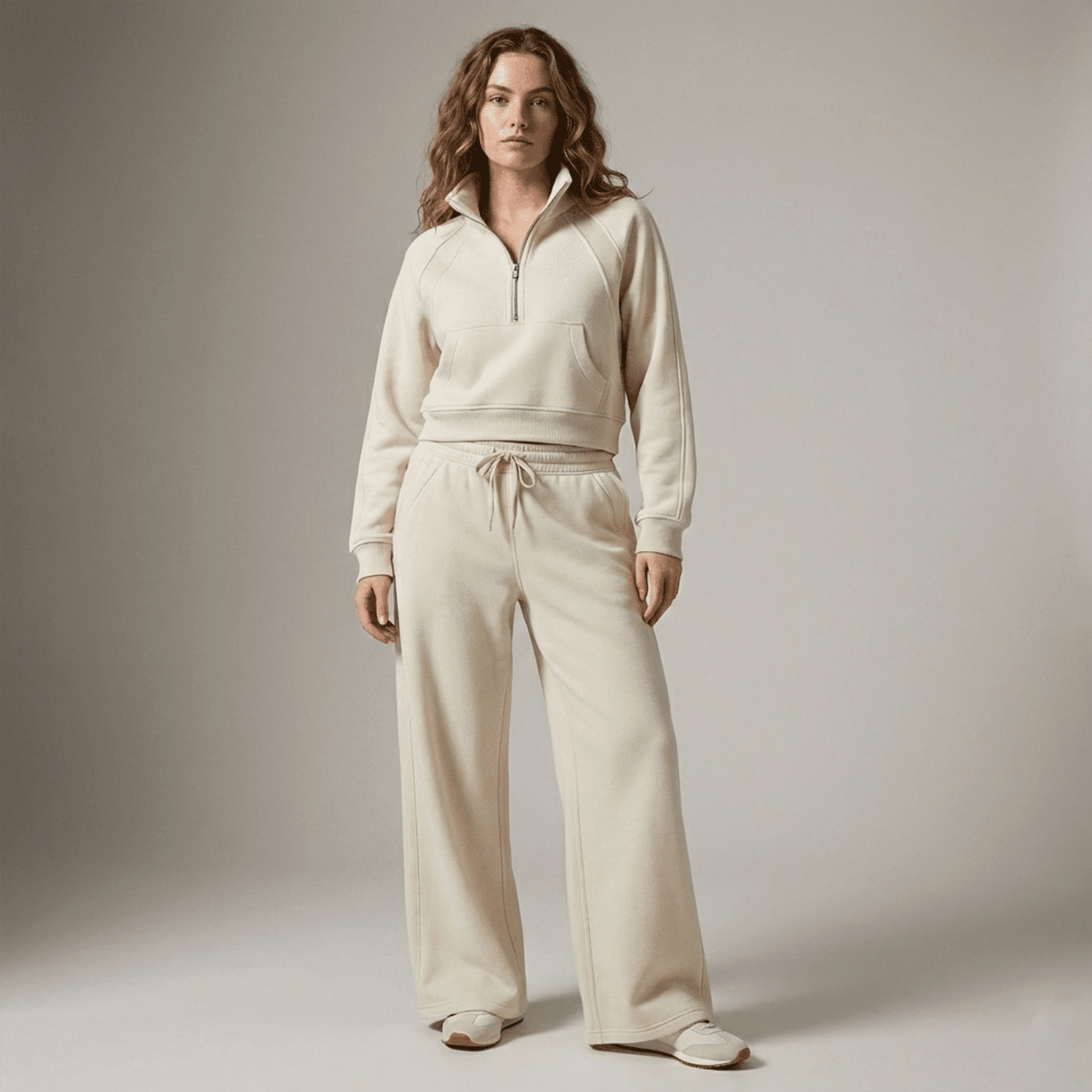 Woman wearing a beige tracksuit against a neutral background