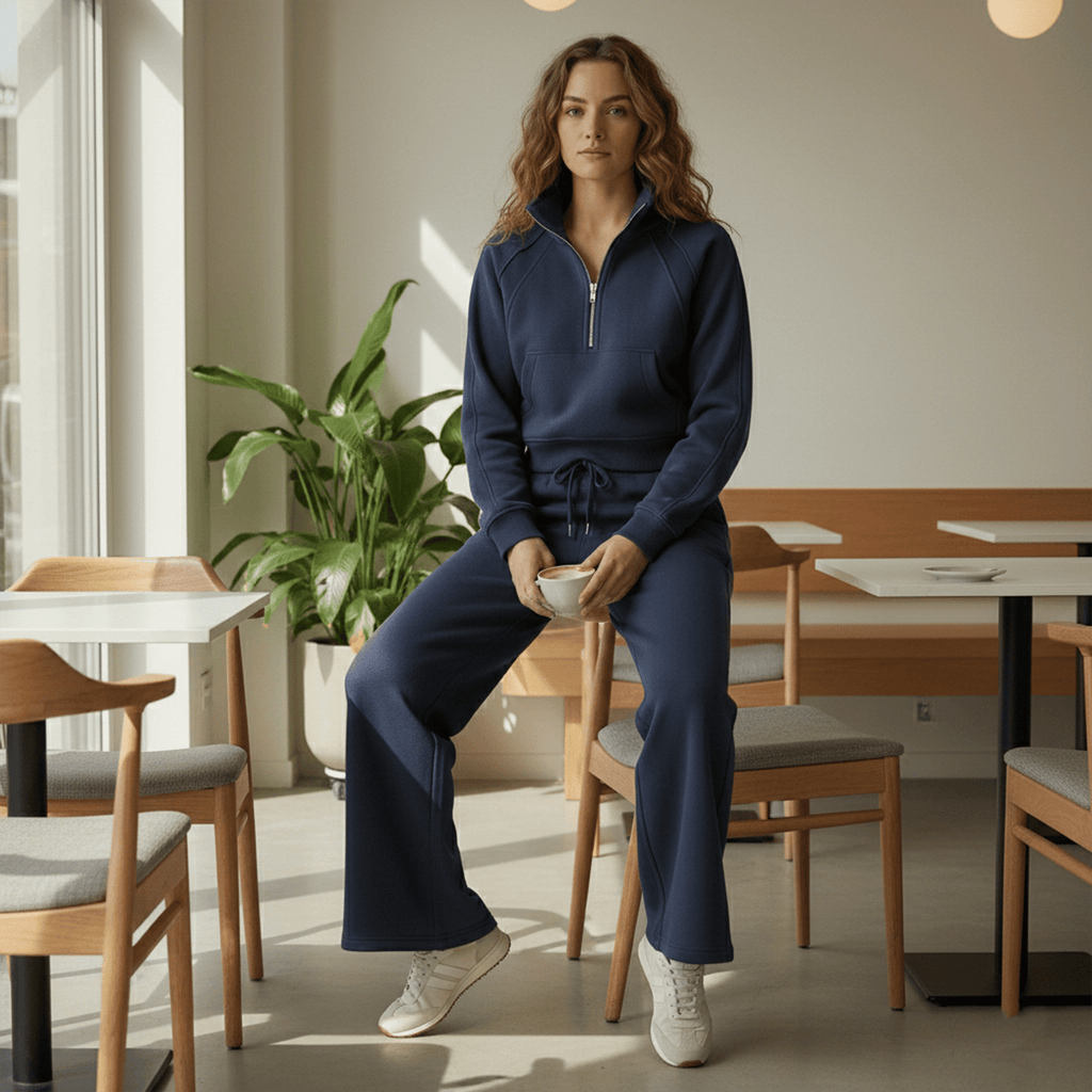 Woman in a navy blue outfit sitting in a modern cafe.