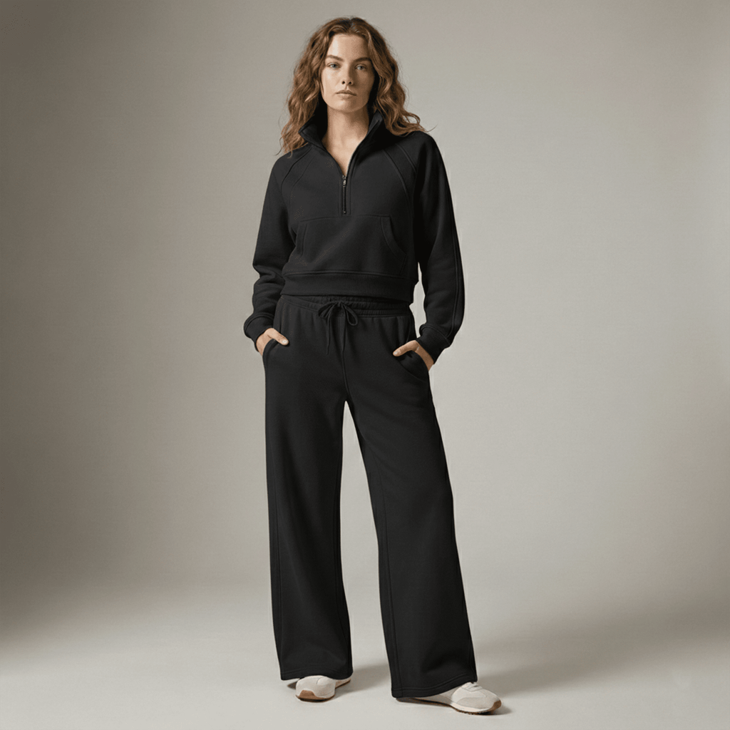 Woman wearing a black tracksuit against a neutral background