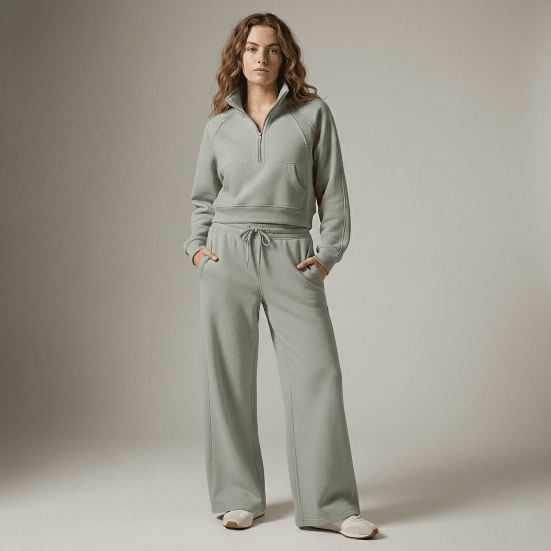 Woman wearing a light gray tracksuit against a neutral background