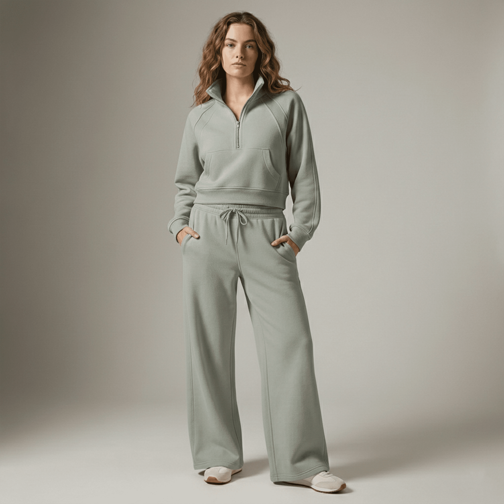 Woman wearing a light gray tracksuit against a neutral background