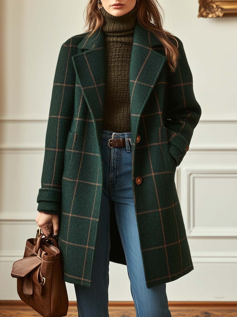 Person wearing a green plaid coat, brown sweater, and blue jeans, holding a brown leather bag.