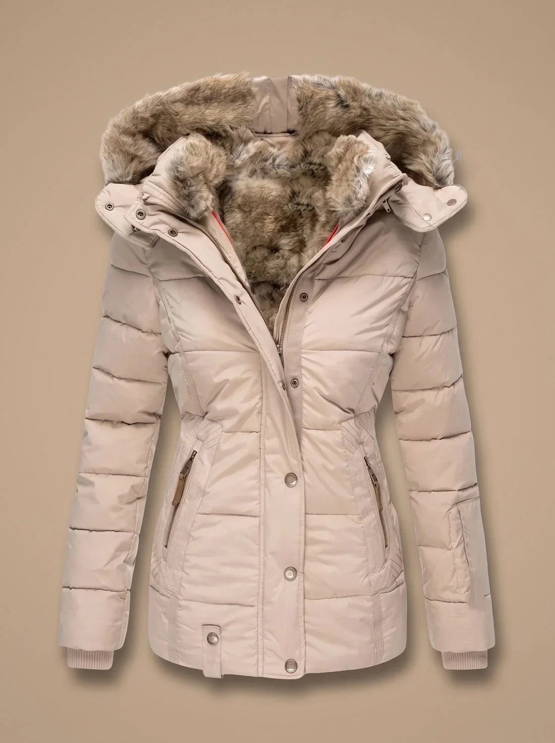 A women's puffer jacket in a light beige or cream color, featuring a plush brown faux-fur trimmed hood and a button-front closure, shown against a solid beige background.