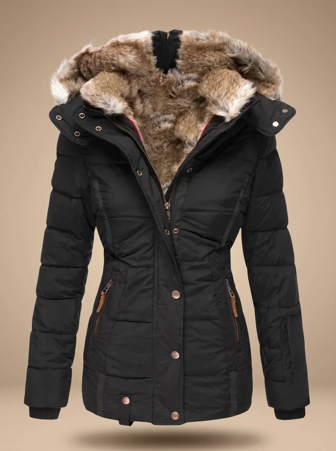 A black puffer jacket with a plush brown and beige faux-fur trimmed hood, displayed on a neutral beige background.