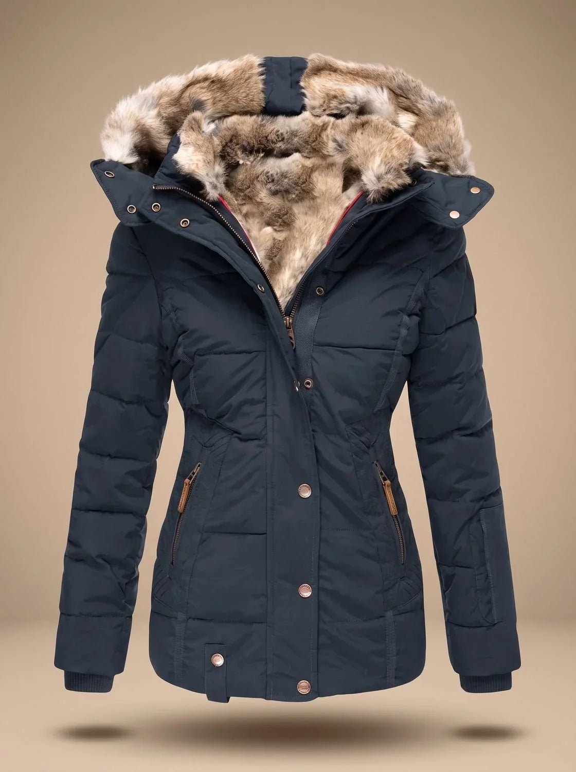 A navy blue puffer jacket with a plush brown and beige faux-fur trimmed hood, shown against a solid beige background.