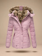 A light pink puffer jacket with a plush brown faux-fur trimmed hood, shown against a solid beige background.