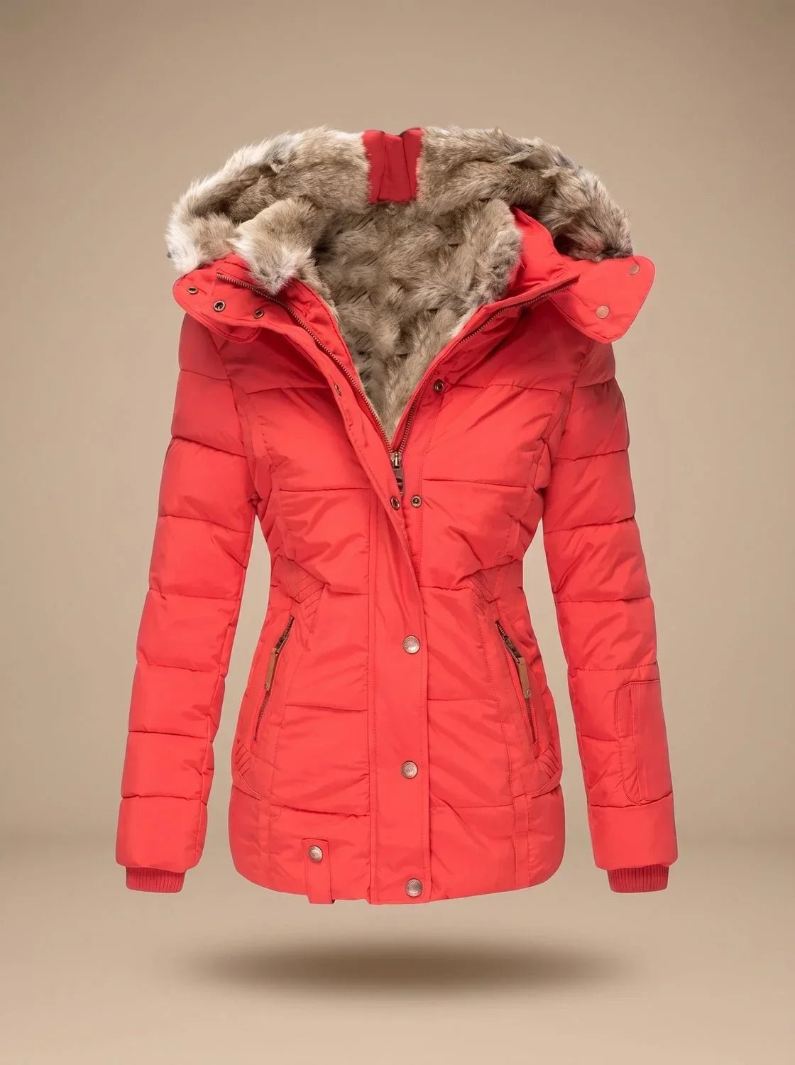 A bright red puffer jacket with a plush brown faux-fur trimmed hood, displayed on a neutral beige background.