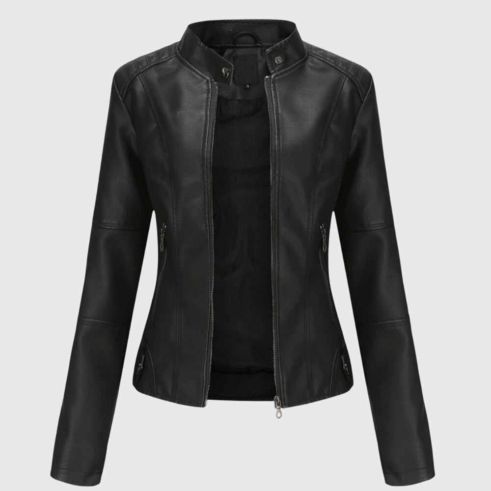 Black leather jacket on a light gray background