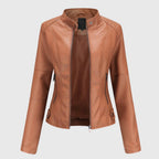 Brown leather jacket on a light gray background