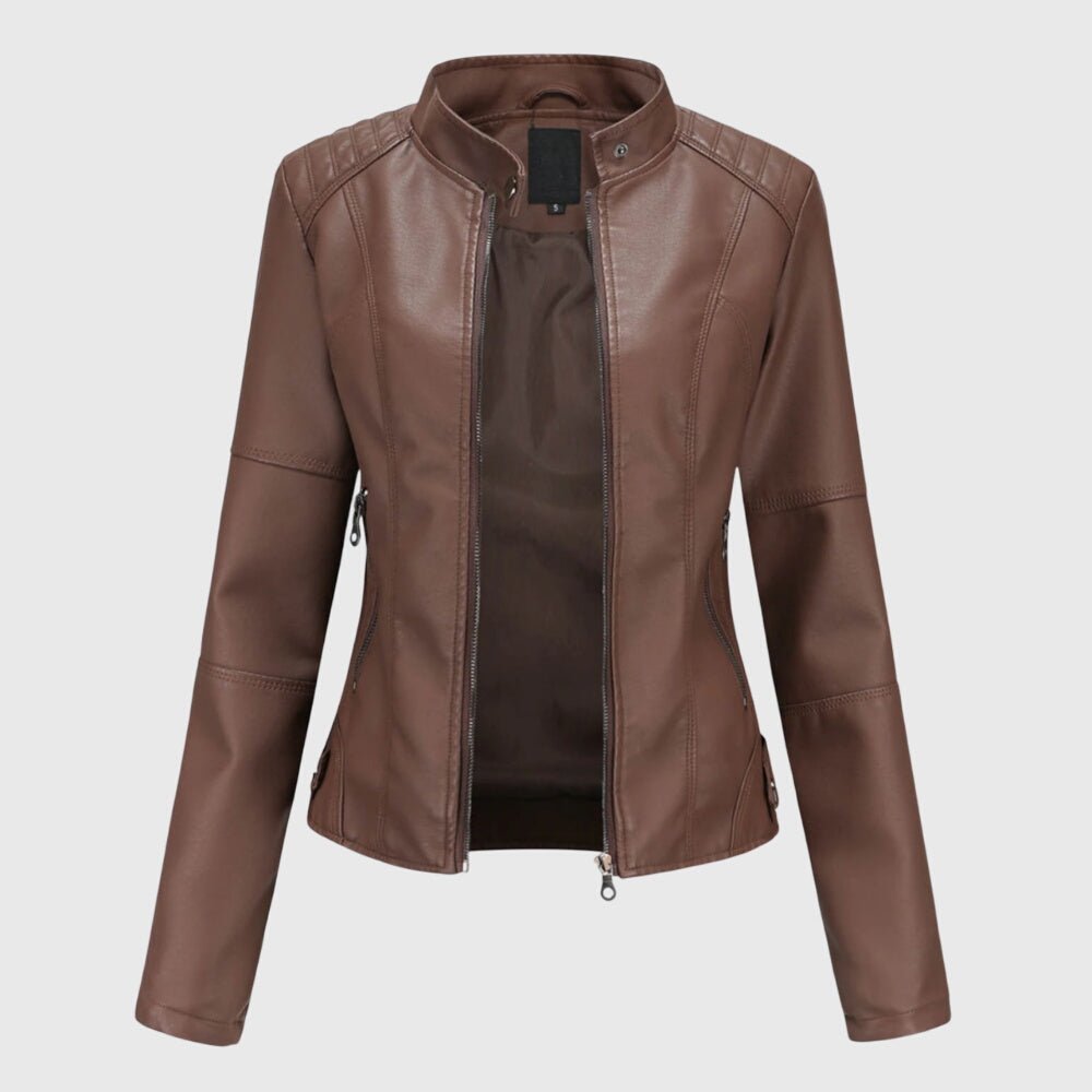 Brown leather jacket on a light gray background