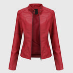 Red leather jacket on a light gray background