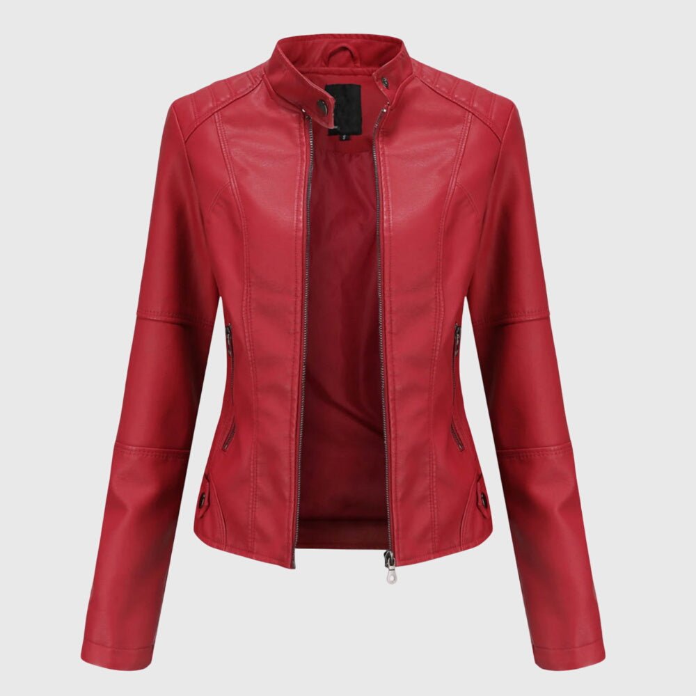 Red leather jacket on a light gray background