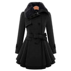 Black coat with fur collar on a white background