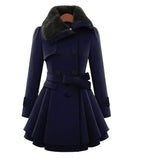 Women’s Fur-Collar Double-Breasted Coat navy