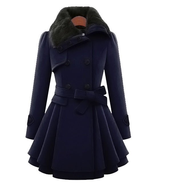 Women’s Fur-Collar Double-Breasted Coat navy
