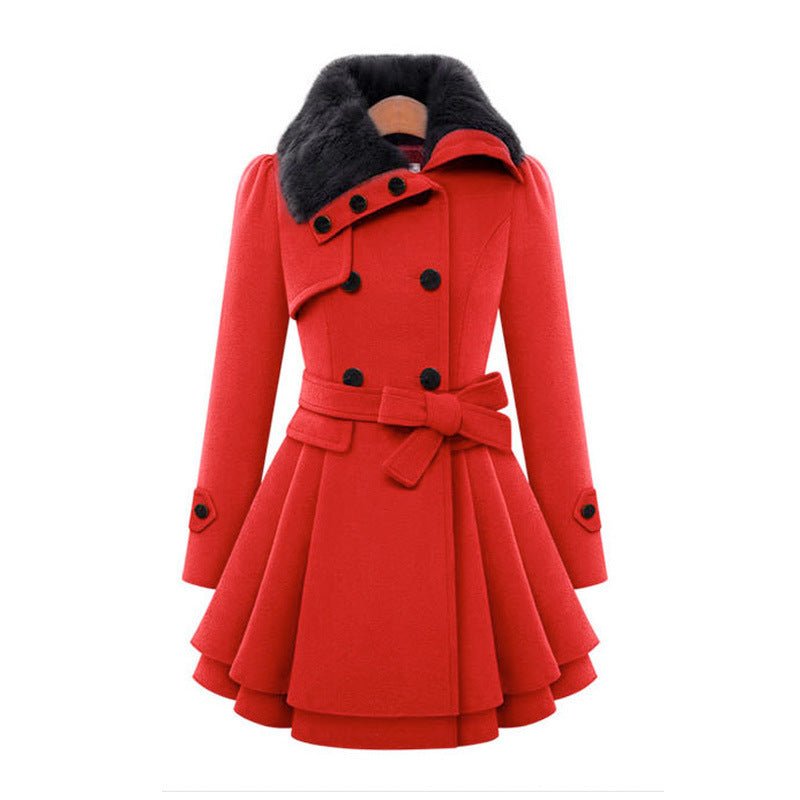 Women’s Fur-Collar beige Double-Breasted Coat red