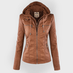 Brown leather jacket with a hood on a white background