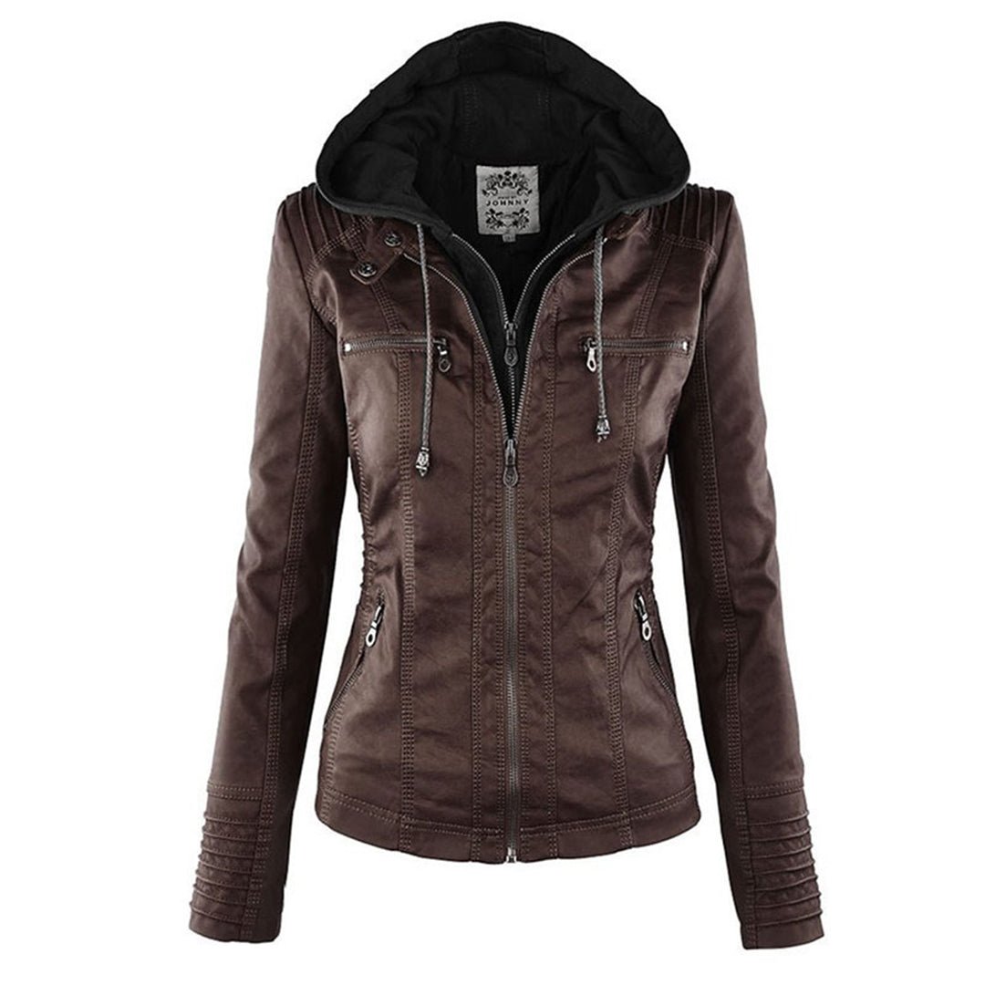 Brown leather jacket with a hood on a white background