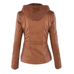 Brown leather jacket with hood on a white background