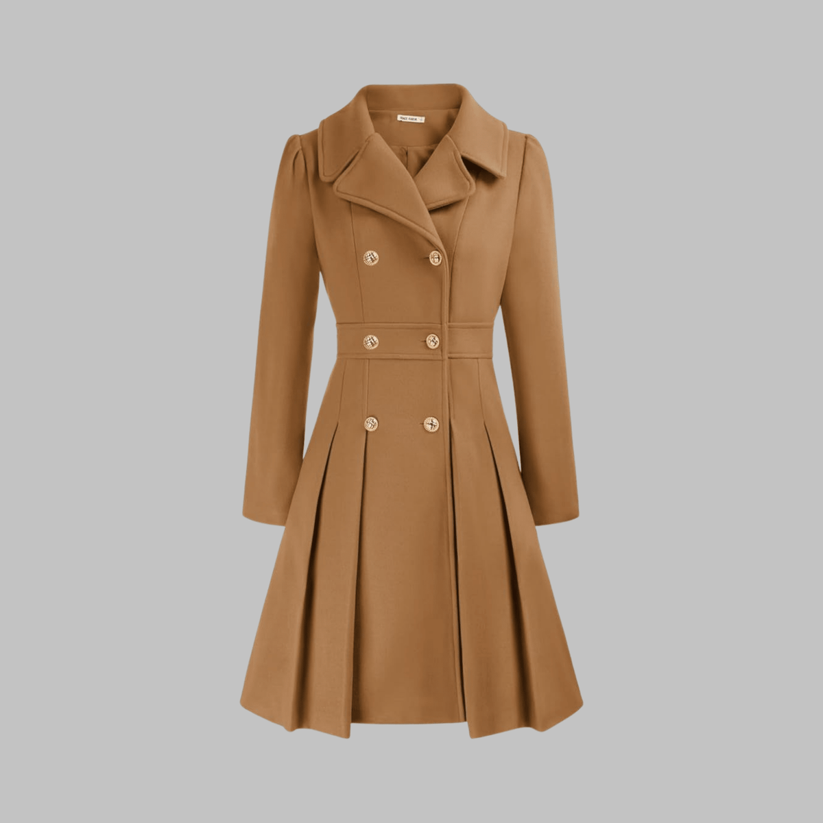 Brown coat with button details on a gray background