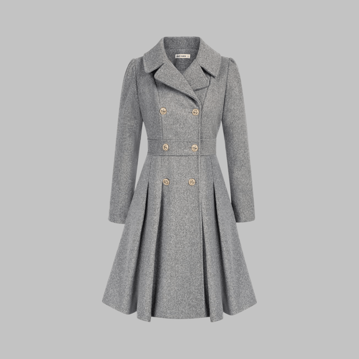 Gray coat with gold buttons on a gray background