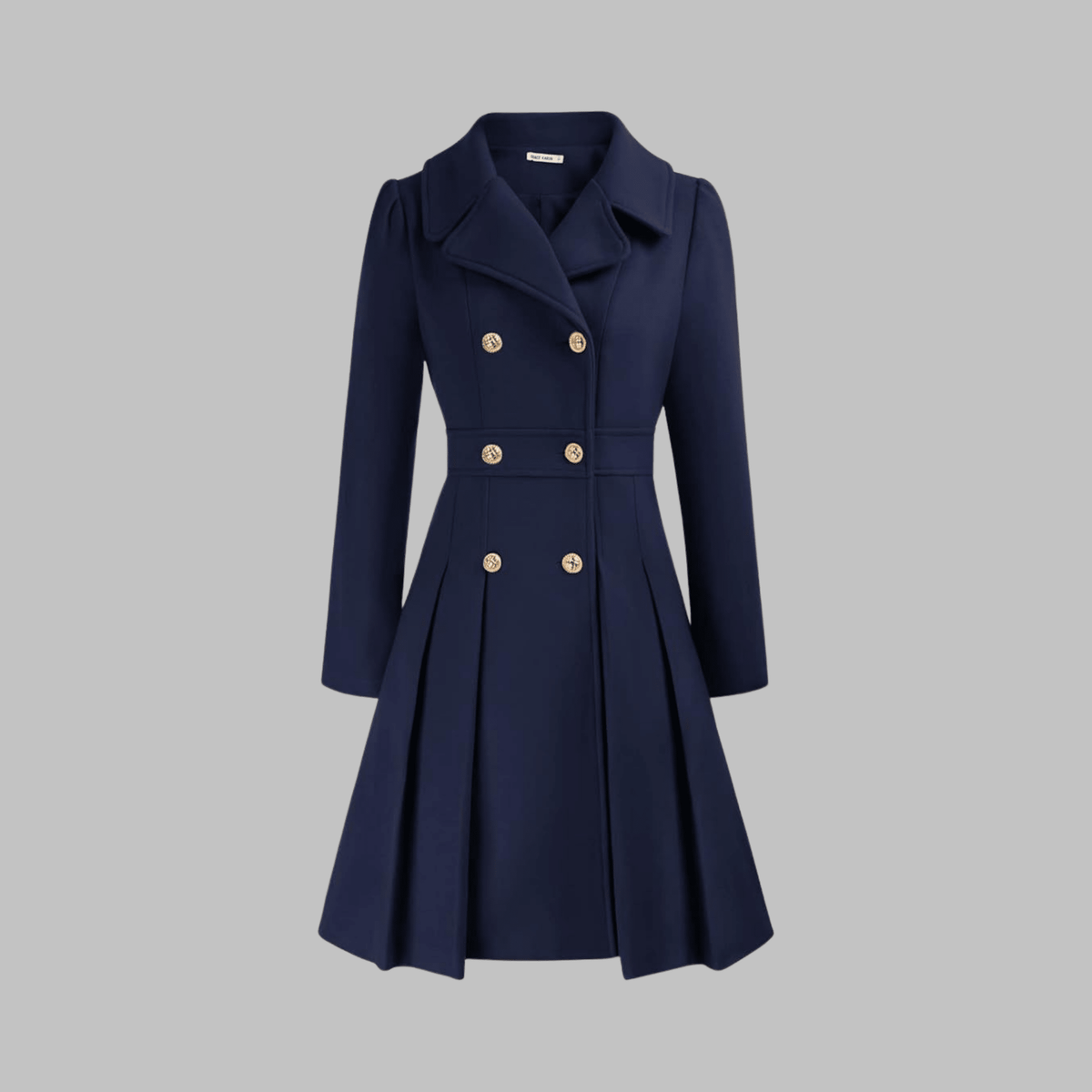 Navy blue coat with gold buttons on a gray background