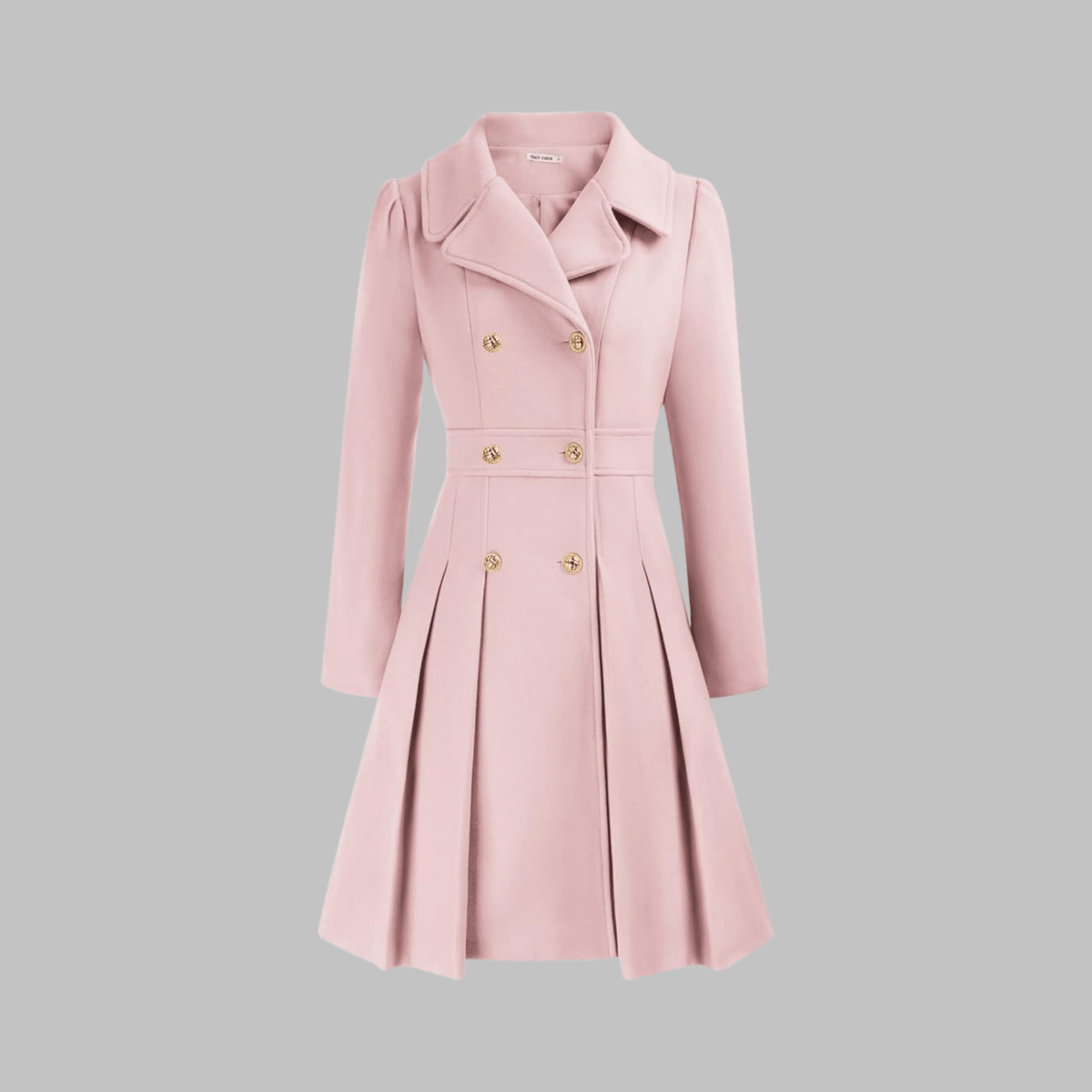 Pink coat with gold buttons on a gray background
