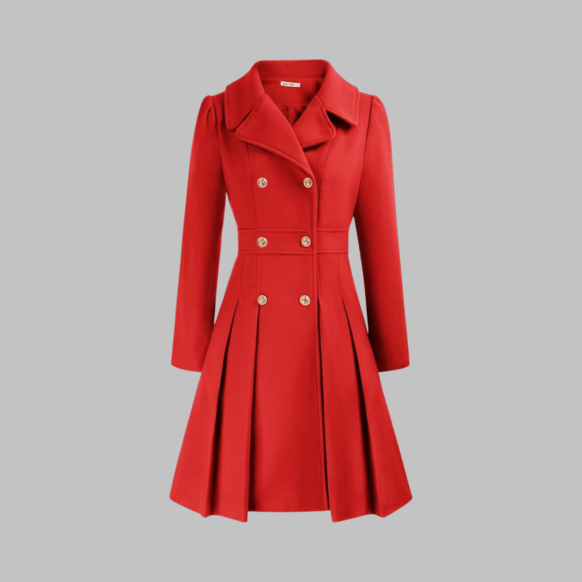 Red coat with gold buttons on a gray background