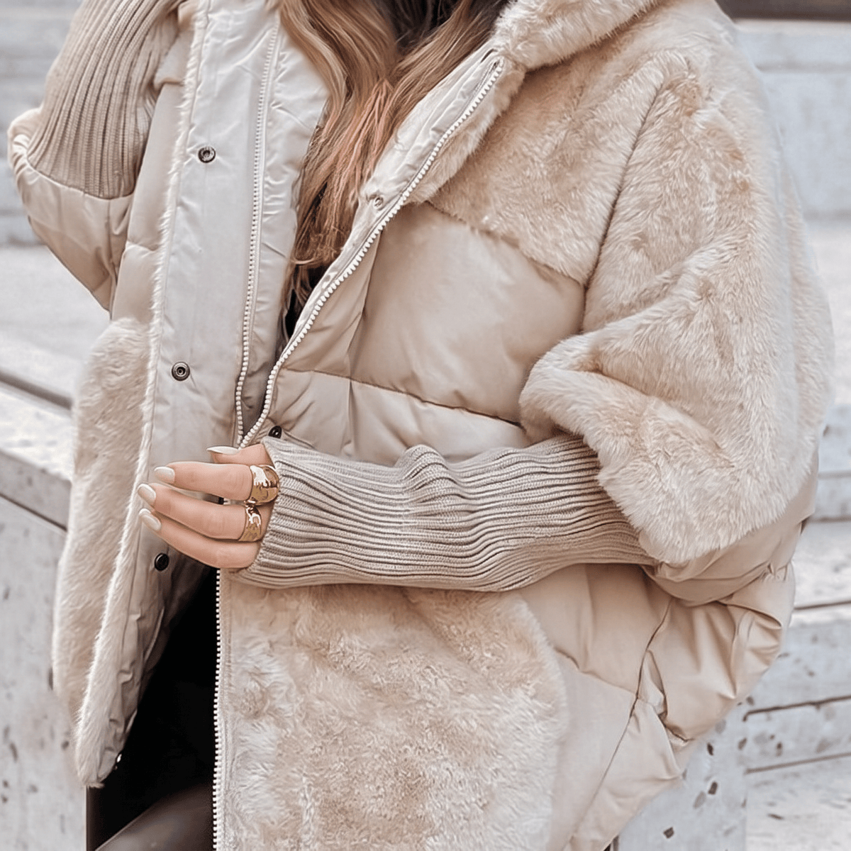 A close-up of a person wearing a beige hooded puffer jacket with faux fur trim and a ribbed knit sleeve, paired with gold rings, against a light stone background.