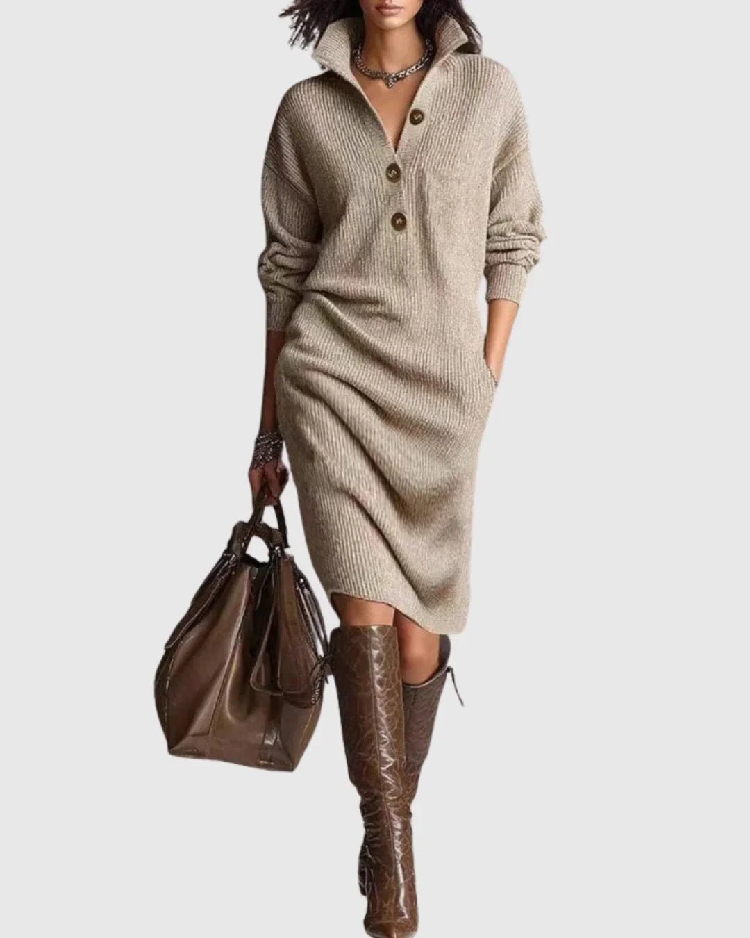 Women’s Ribbed Knit Button-Front Midi Dress khaki