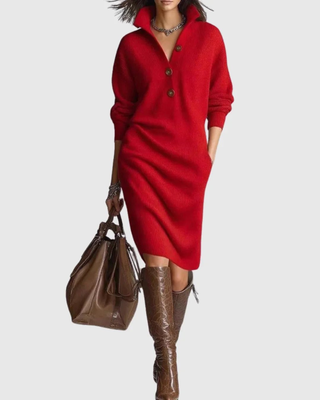 Women’s Ribbed Knit Button-Front Midi Dress red