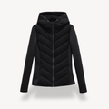 Black quilted jacket with a hood on a white background