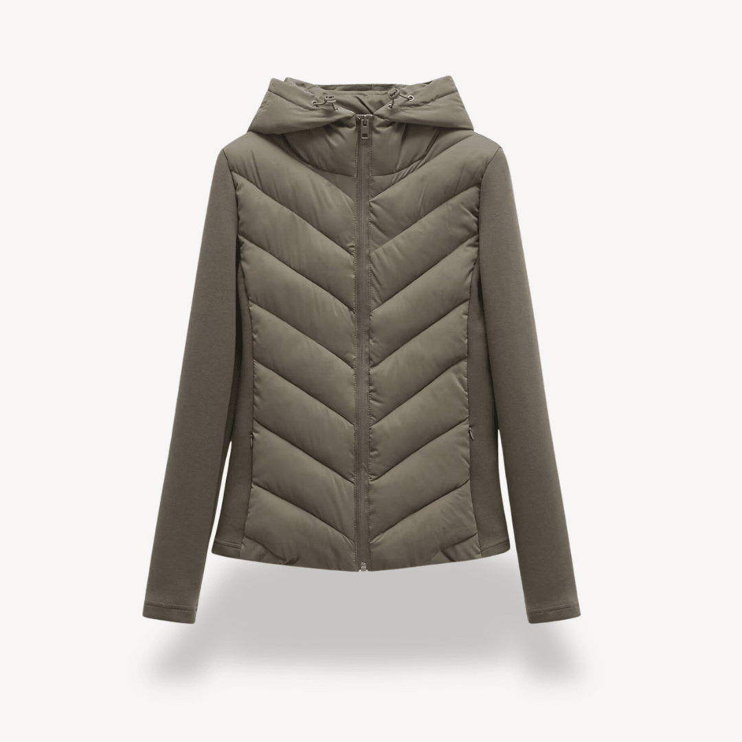 Green quilted jacket with a hood on a white background