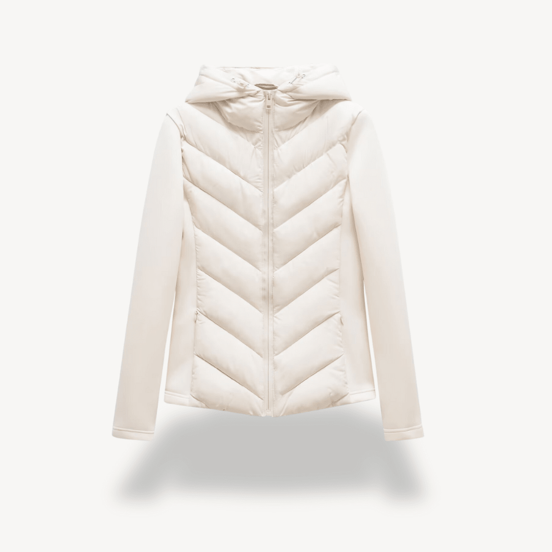 White quilted jacket with a hood on a light gray background