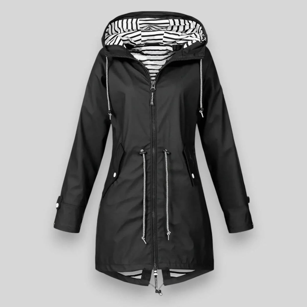 Black raincoat with zebra pattern lining on a light gray background