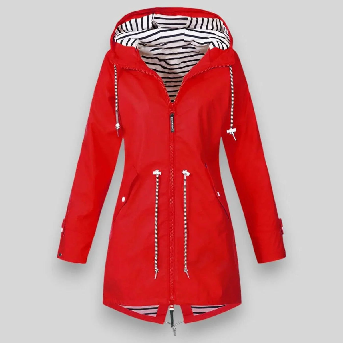Red raincoat with a striped hood on a gray background