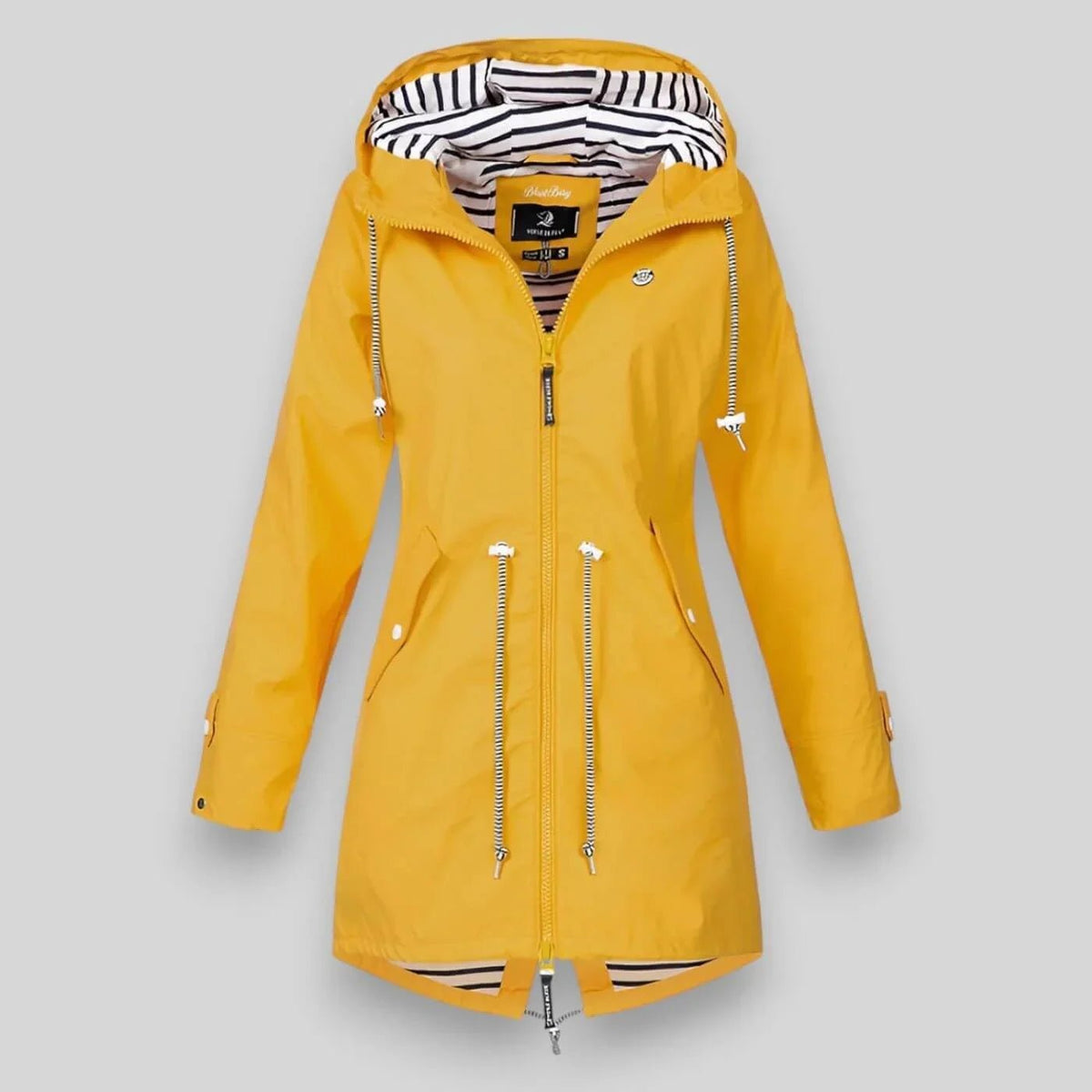 Yellow raincoat with zippers on a gray background