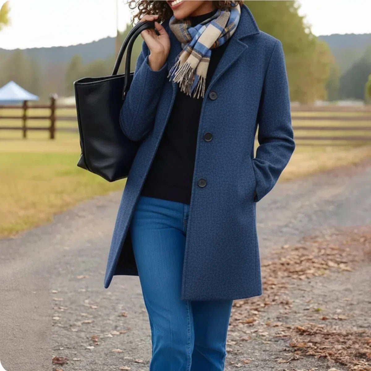Woman wearing a blue coat with a scarf, holding a black handbag, standing on a road with a scenic background.