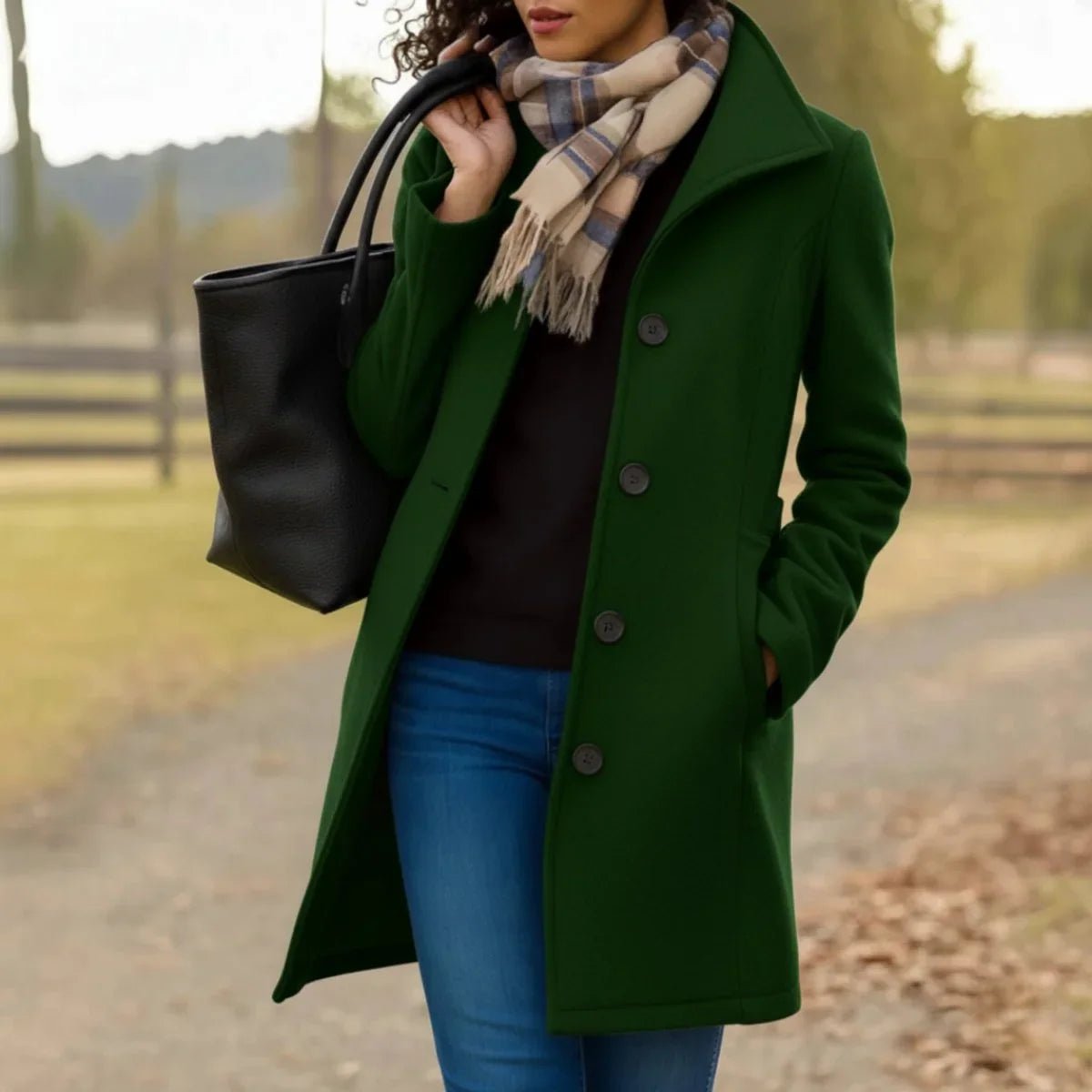 Person wearing a green coat with a black handbag and plaid scarf outdoors.