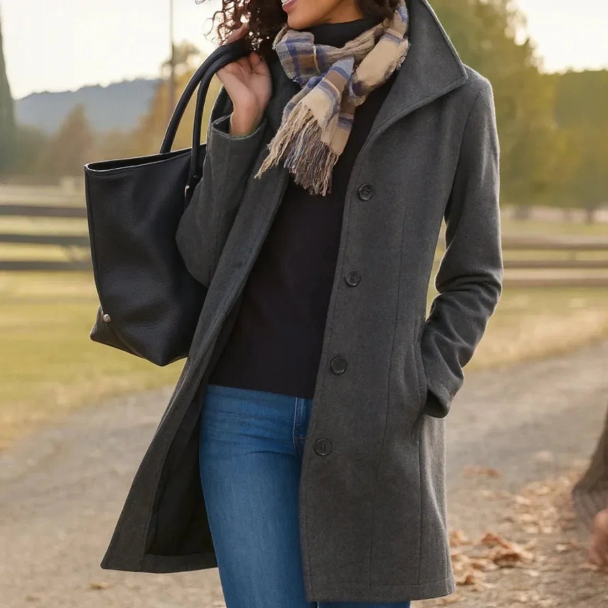 Woman wearing a gray coat with a black bag and plaid scarf outdoors.