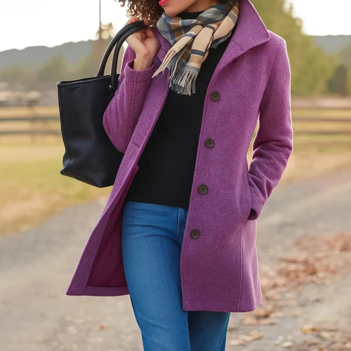 Person wearing a purple coat with a black handbag and plaid scarf outdoors.
