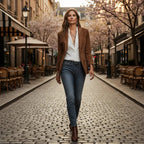 Woman walking on a cobbled street with cherry blossom trees and outdoor cafe tables in the background.