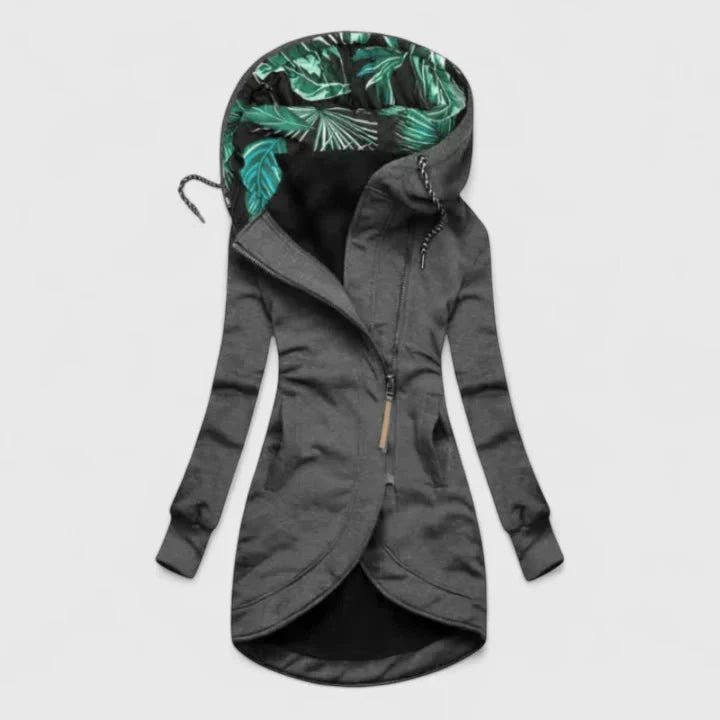 Gray hoodie with tropical leaf pattern lining on a white background