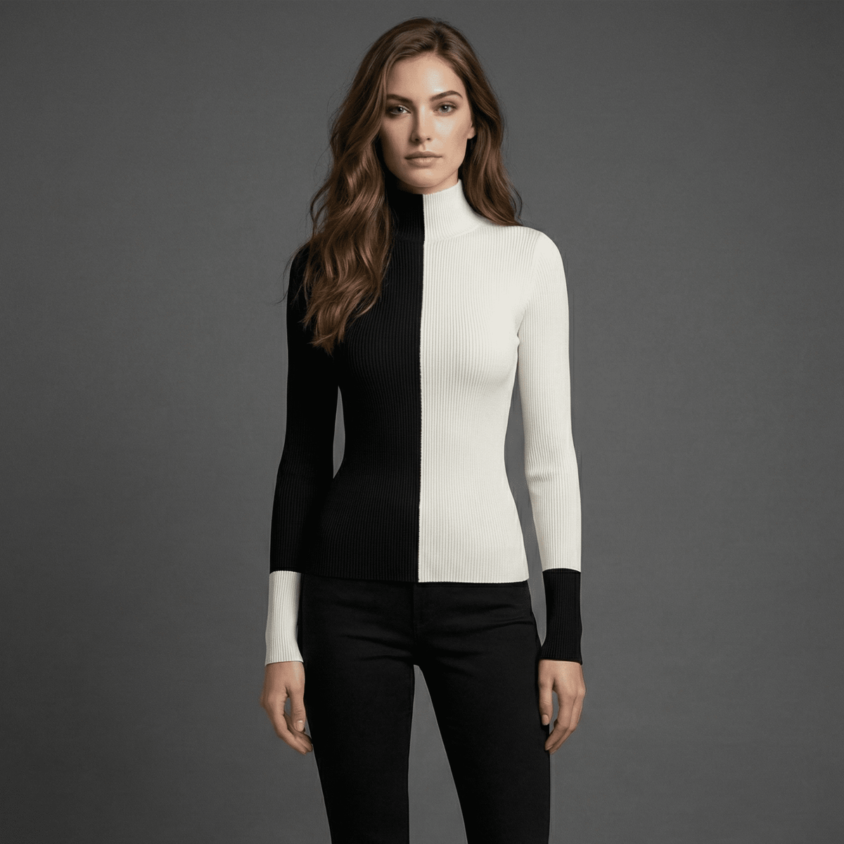 Woman wearing a black and white outfit against a gray background