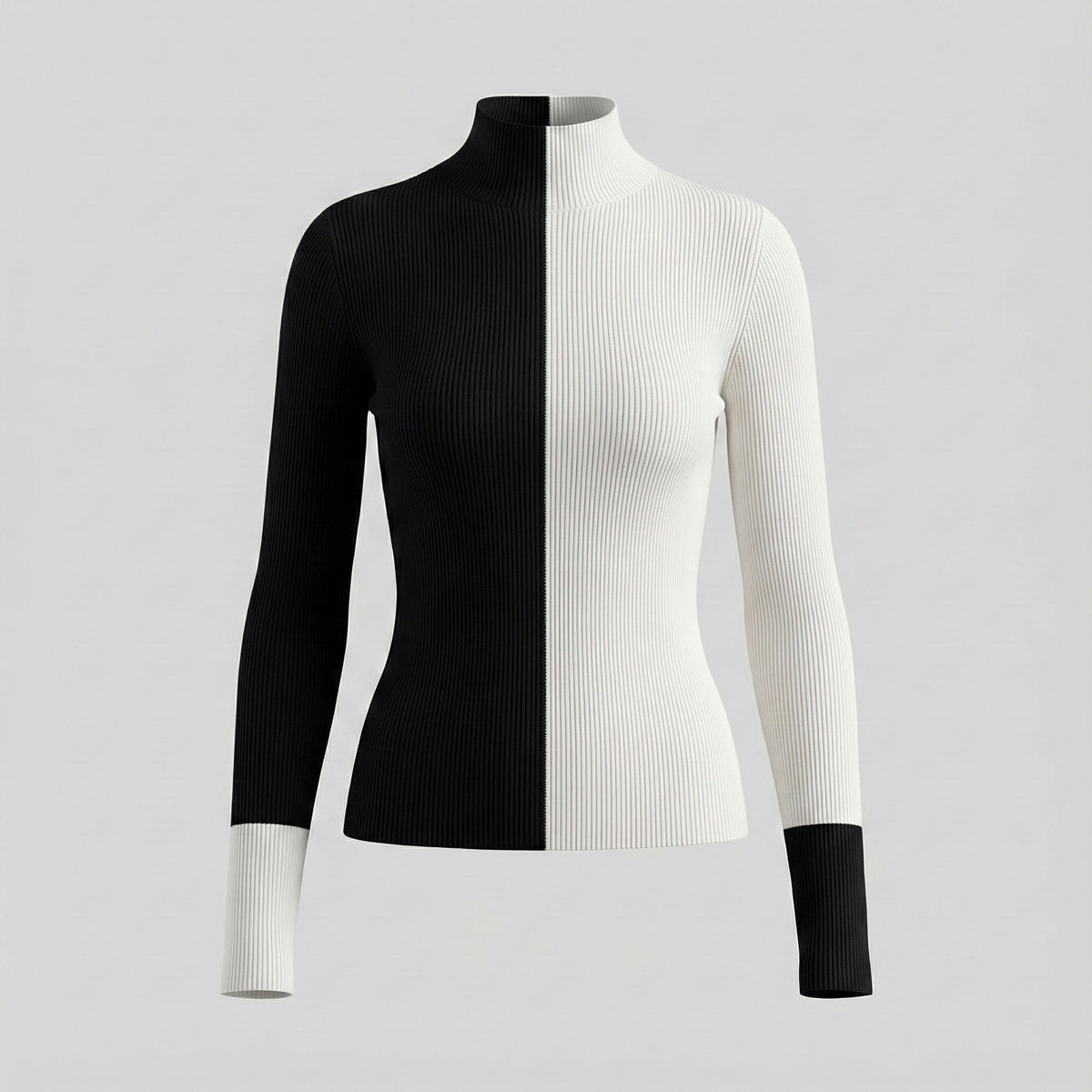 Black and white ribbed sweater on a light gray background