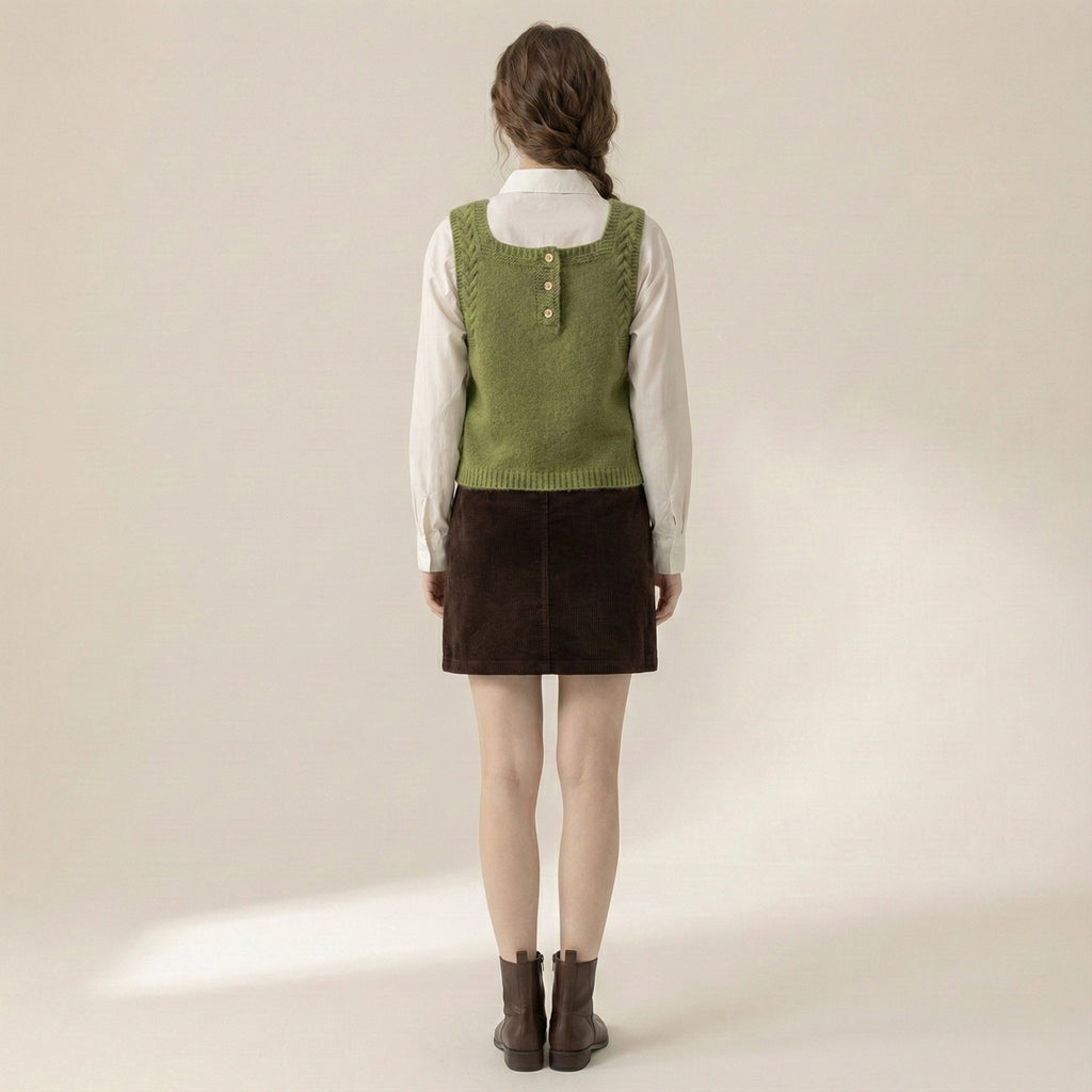 Person wearing a green knitted vest over a white shirt and brown skirt on a beige background