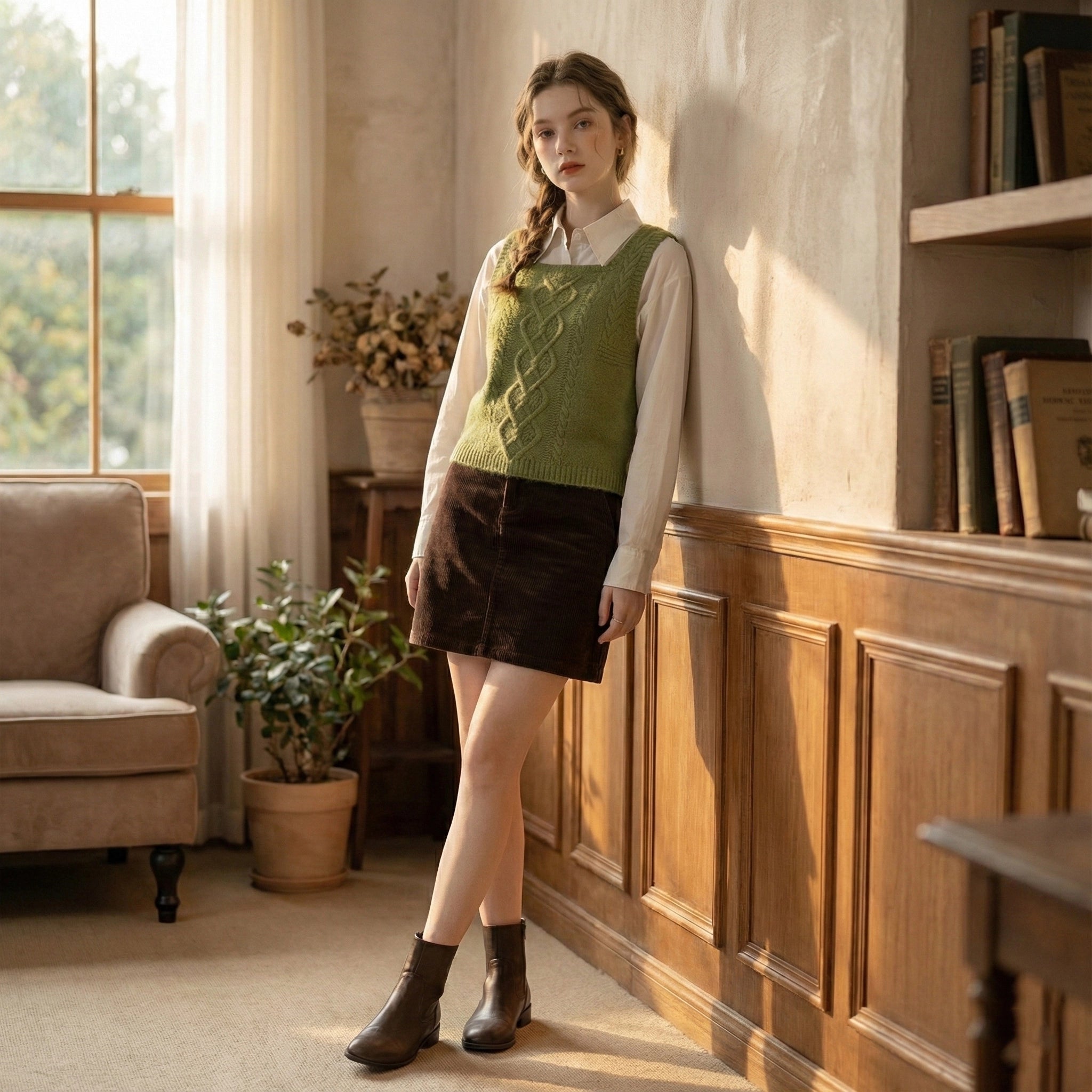 Woman in a green sweater vest and brown skirt standing in a sunlit room with wooden paneling.